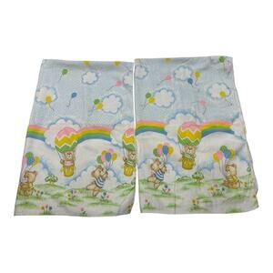 2 Vintage Toddletime Receiving Baby Blanket Bears Balloons Rainbows Flannel